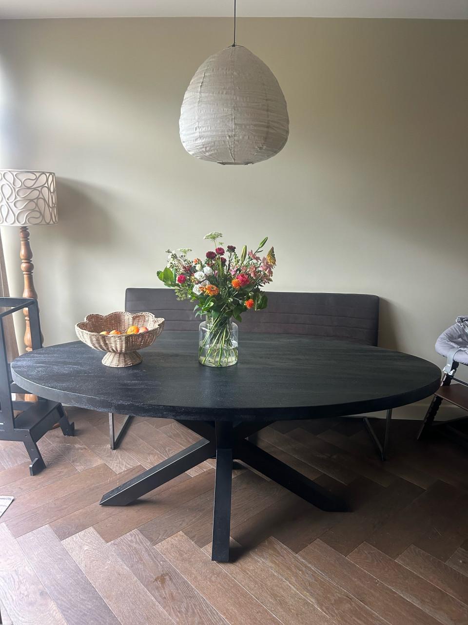 Ovale Eettafel van Mangohout en stalen poot