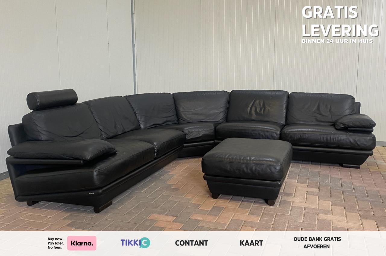 Natuzzi Plaza Hoekbank met Hocker–Echt Zwart Leer–Luxe Lounge Comfort