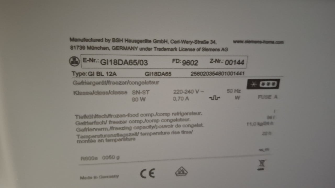 Siemens vrieskast tafelmodel inbouw