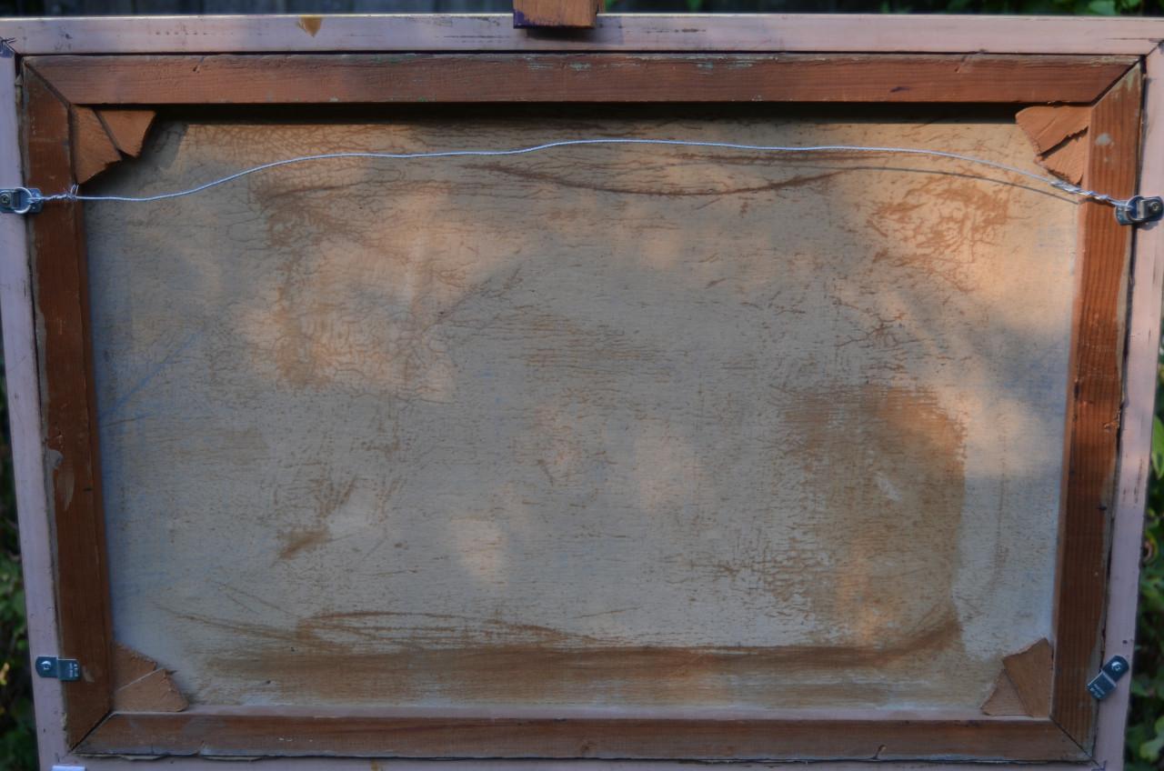 Olieverf op doek Landweg, boerin met kruiwagen J Millinger