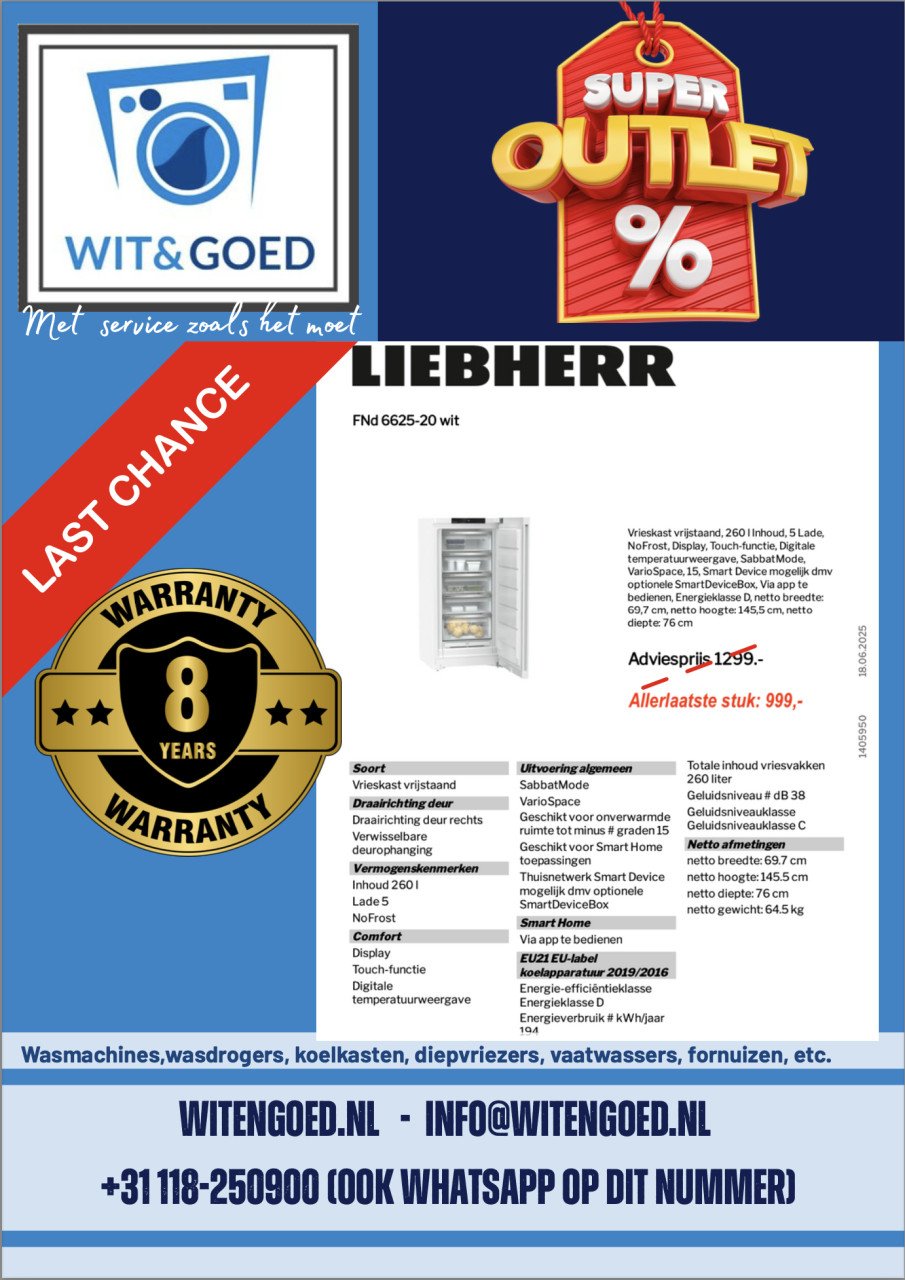 Vrieskast, Liebherr, 70cm breed! 8jr garantie. Ipv 1299,- (Nieuw)
