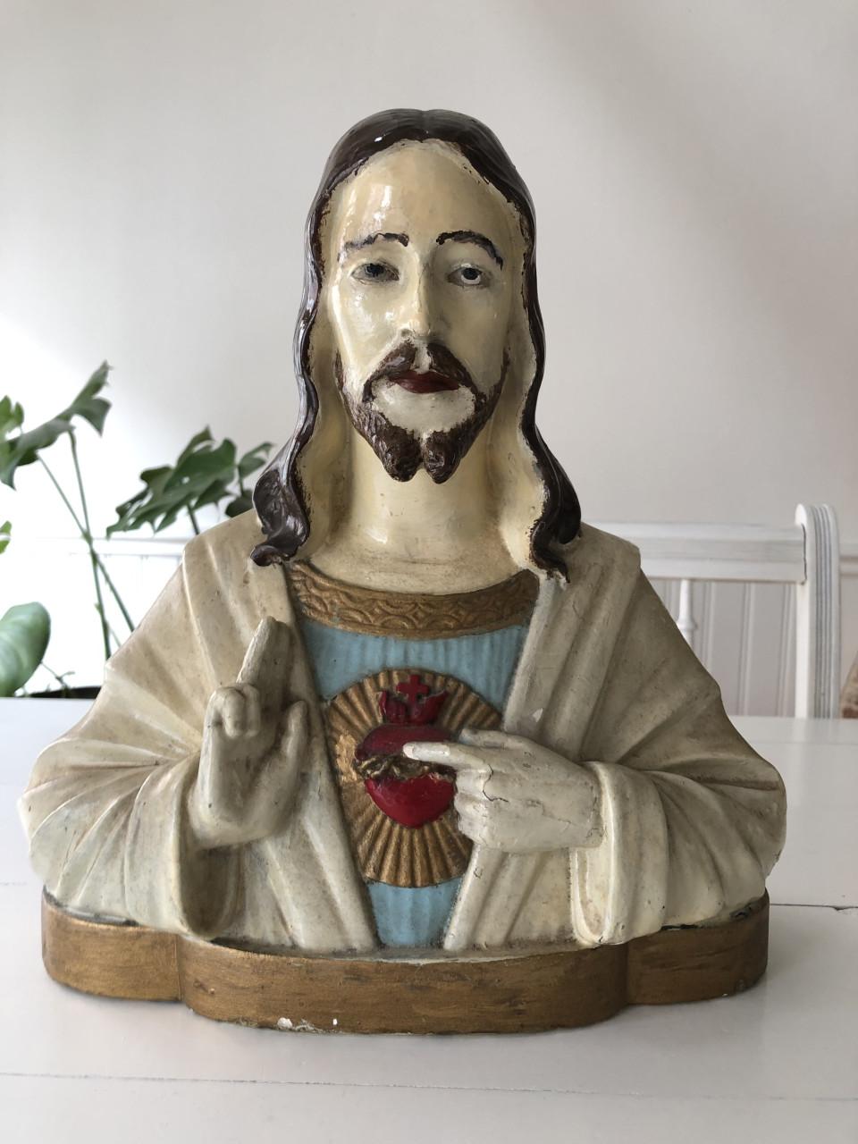 Mooi groot brocante heilig Jezus Christus borstbeeld van gips