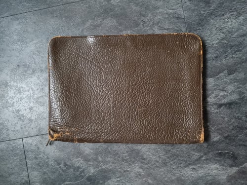 Vintage bruin leren documententas van de Rooy lederwaren A'dam Bieden mag