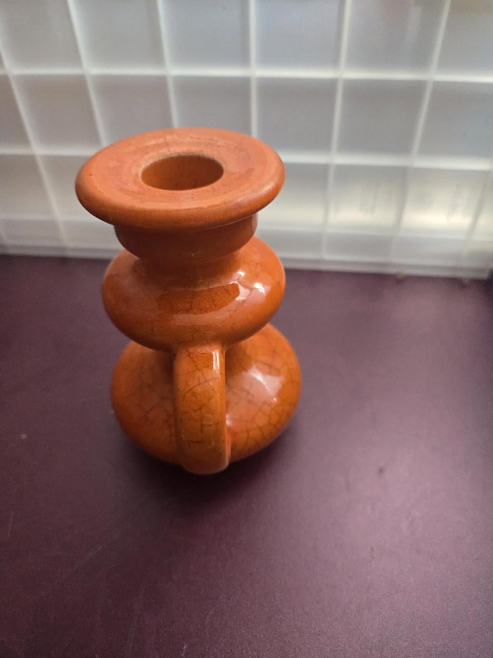 Oranje keramieken kandelaar met een craquelé glazuur, H12.5 Ø8.5-6.5 cm