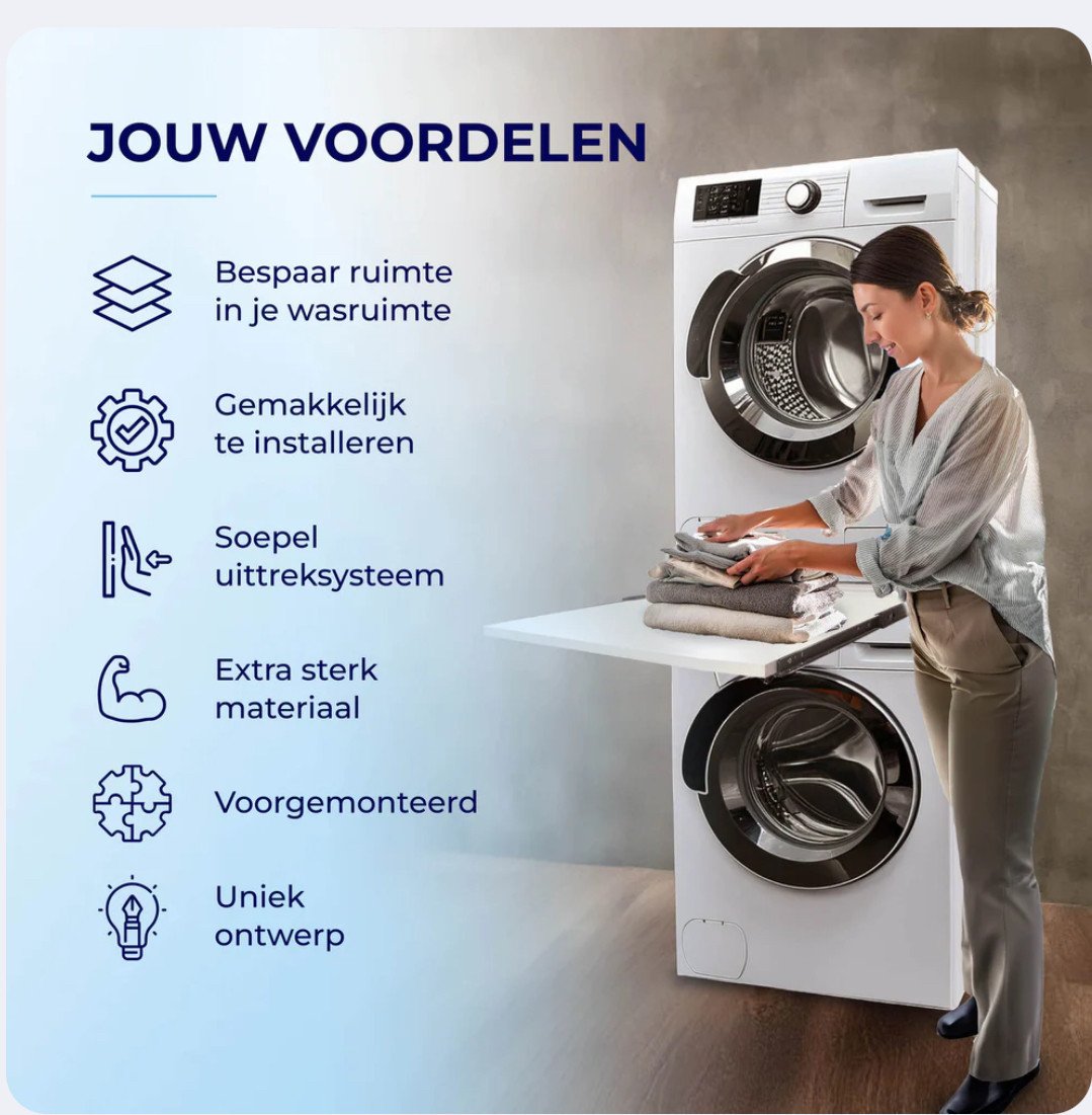 Stapelkit uittrekbaar tussenstuk tussen wasmachine en droger