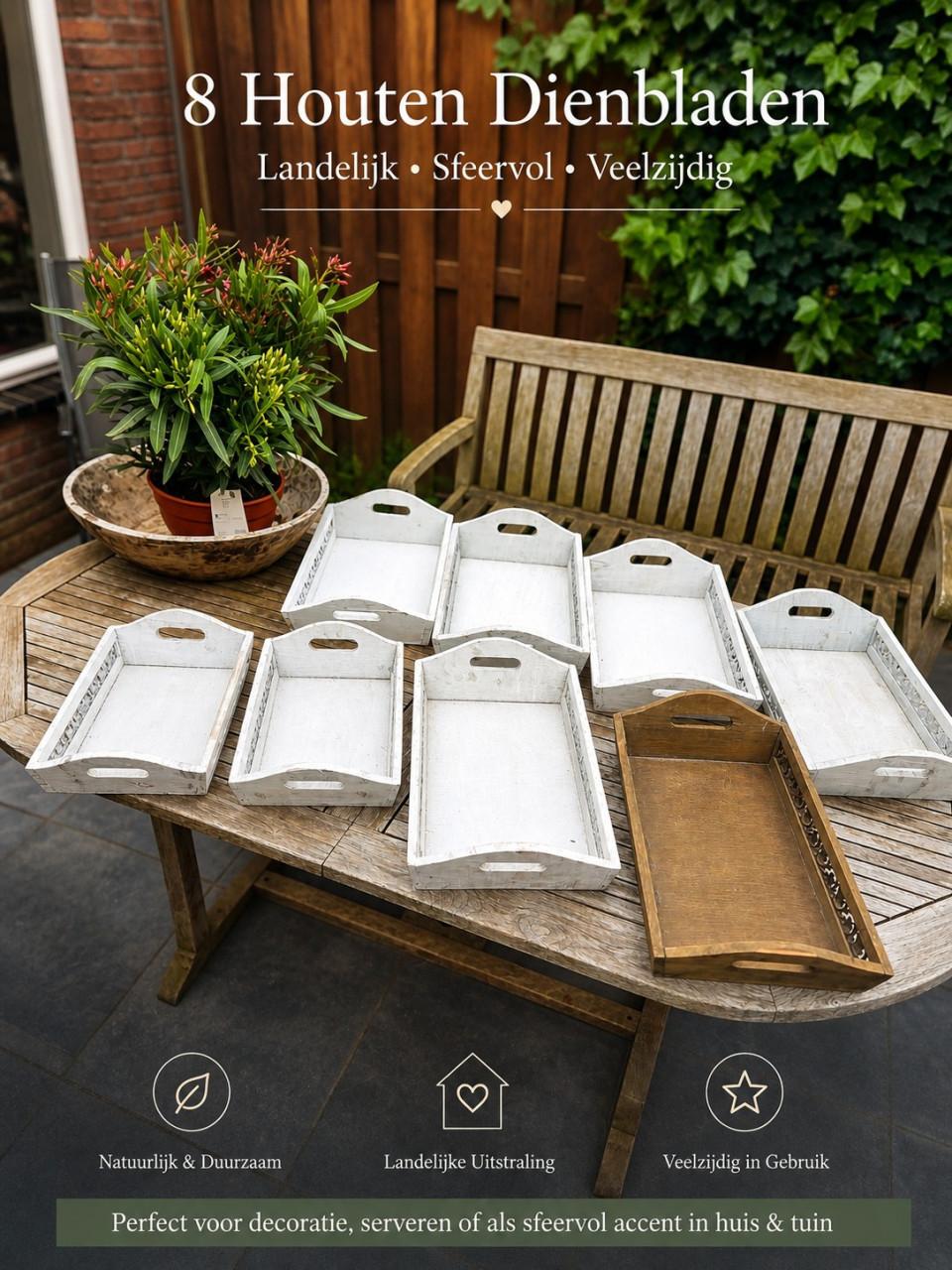 Set van 8 landelijke houten dienbladen met doorleefde look