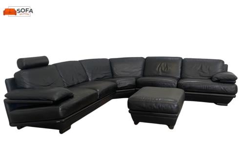 Natuzzi Zwart Echt Lederen Hoekbank met Hocker- Gratis Levering NL