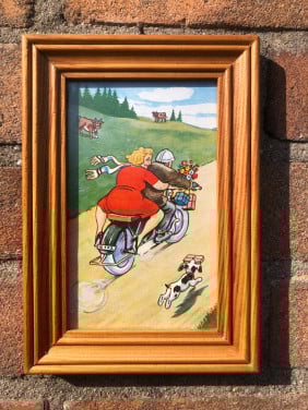Leuk lijstje met vintage prentje met een motorfiets.