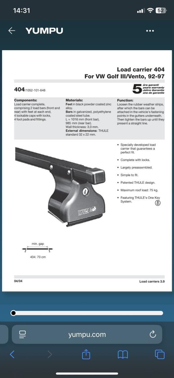 Thule dakdragers 404 voor Golf lll, Vento 92-97