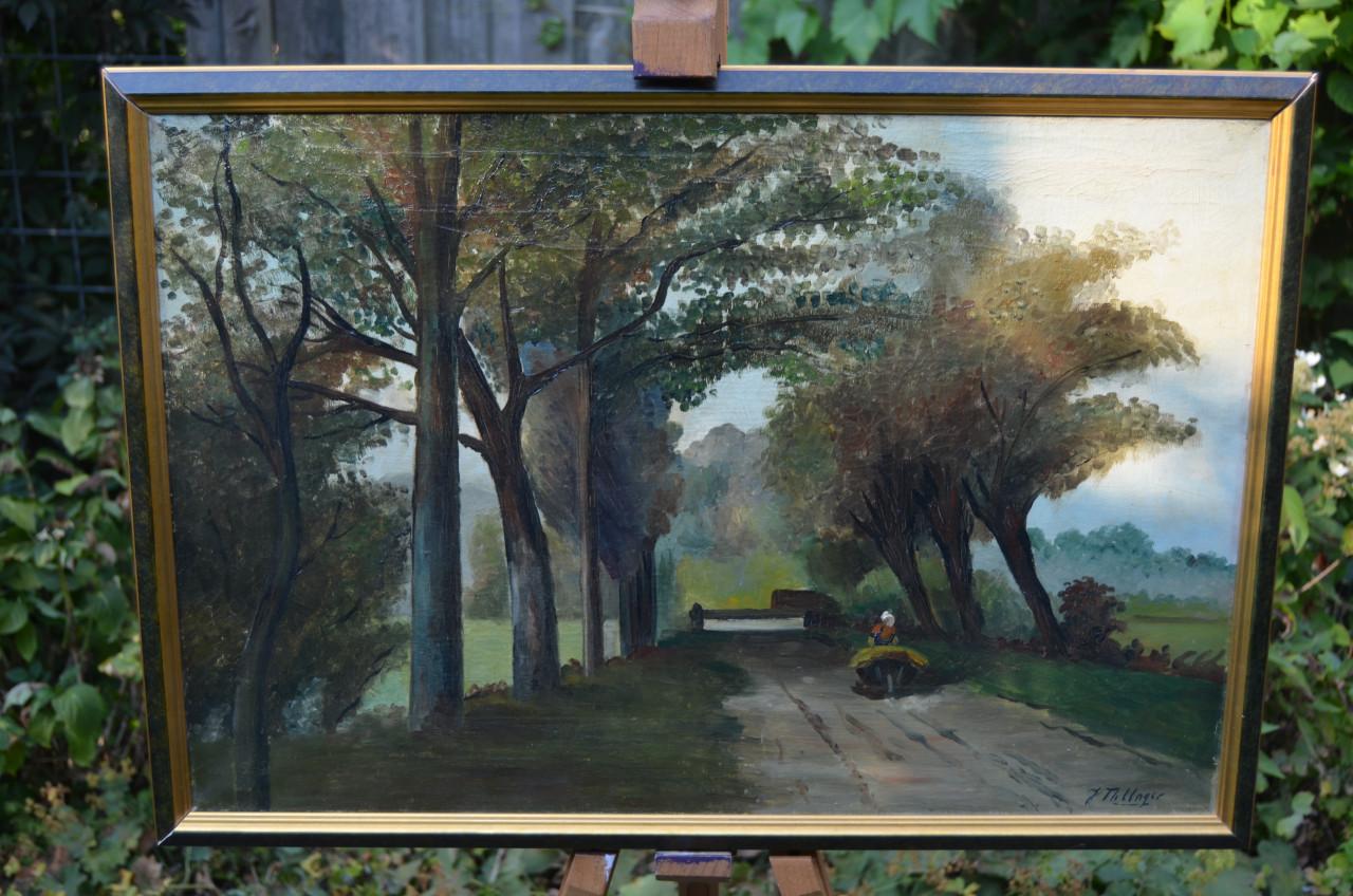 Olieverf op doek Landweg, boerin met kruiwagen J Millinger