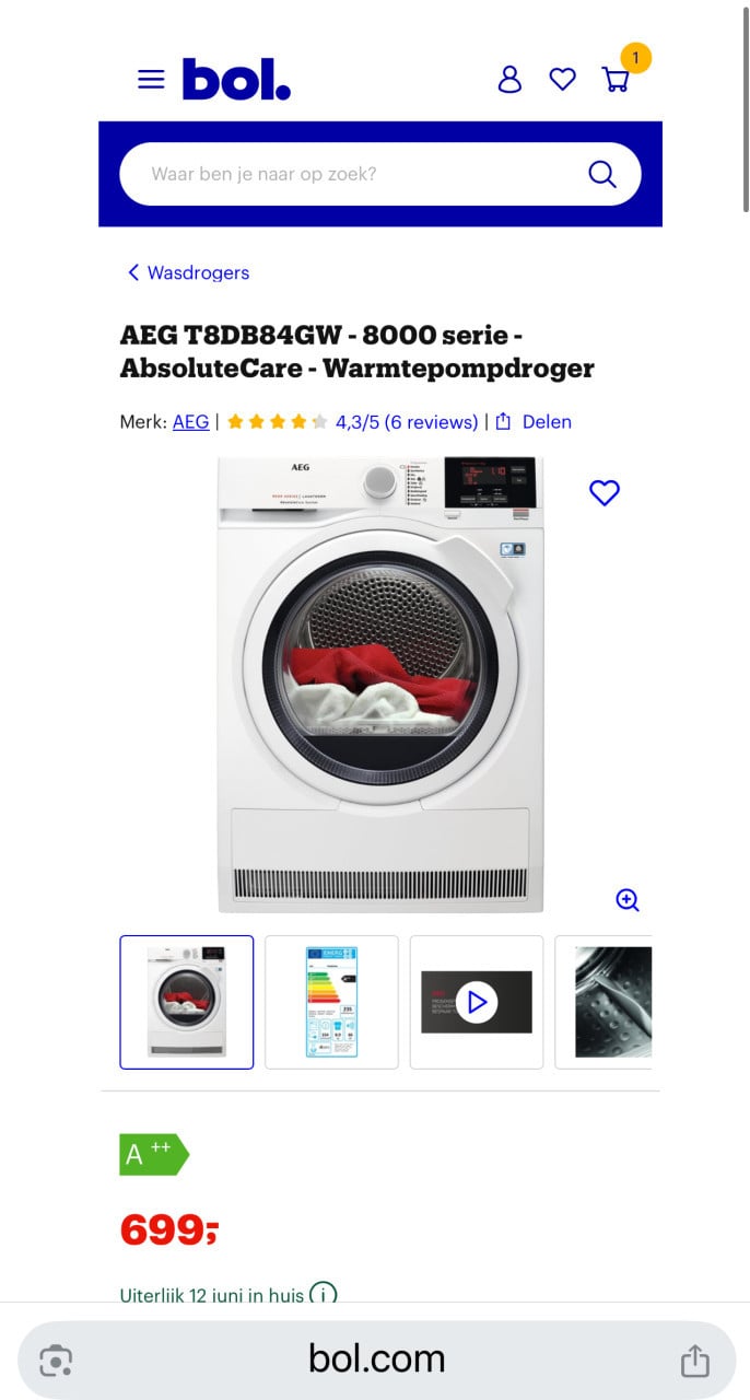 AEG T8DB84GW 8000 serie AbsoluteCare Warmtepompdroger 8 kg. Trommel