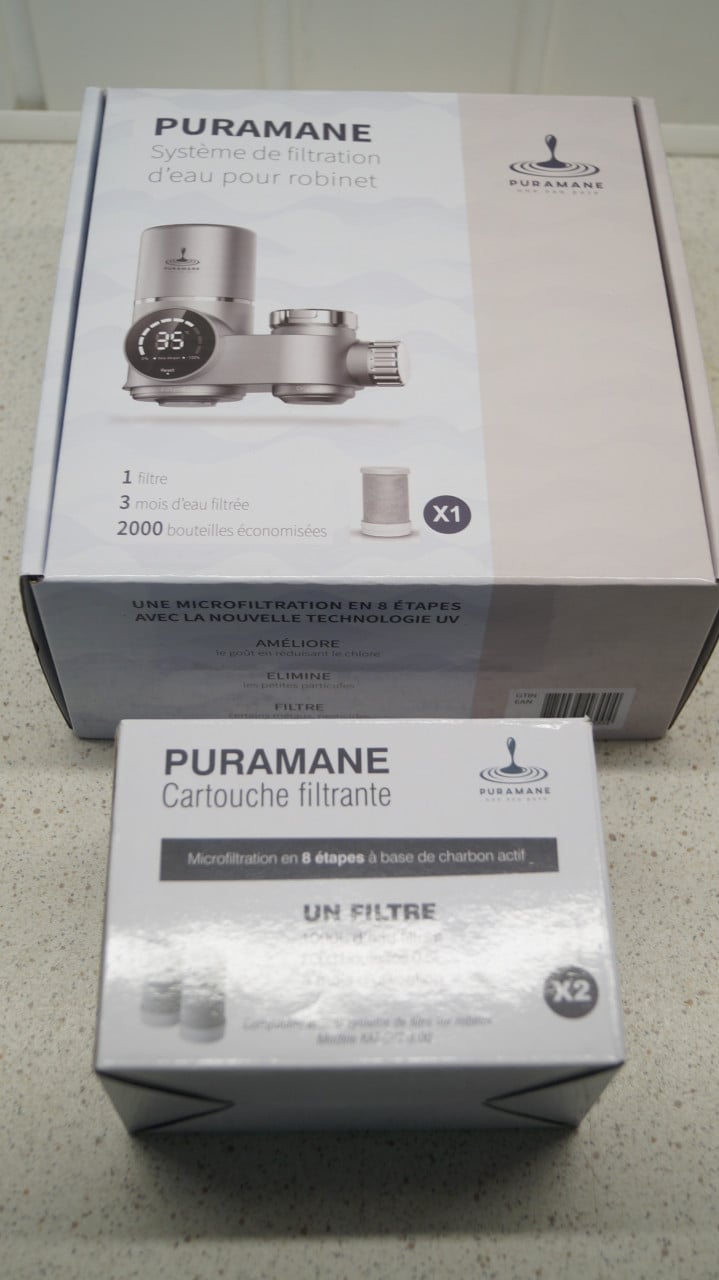 Puramane waterfilter voor op de kraan met 2 extra filters.