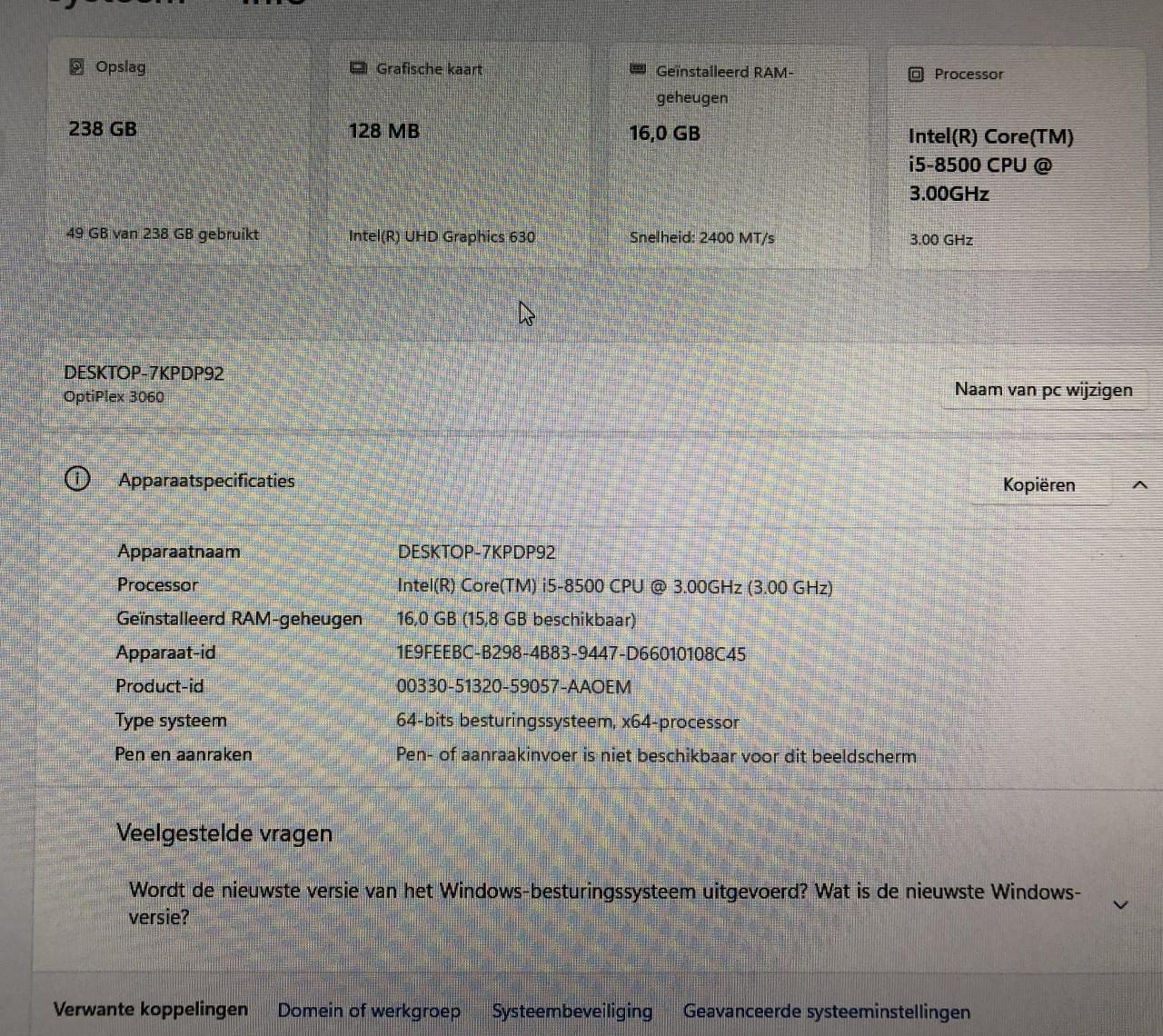 Dell Optiplex 3060/Win11/6 core / i5-8500/M2-3280/NVMe / 238 Gb/DDR4 16 Gb