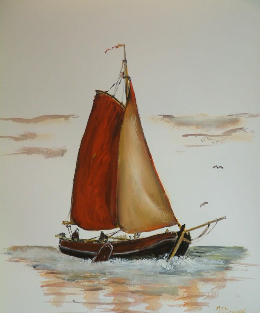 Oude visserij op de zeil  30 x 40 cm met lijst er om 45 euro