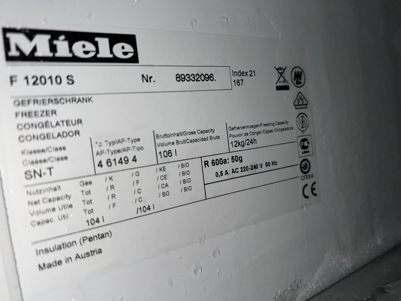 Miele F12010s 4 laden Vrieskast 106 liter vriezer 85x55x60 cm. HBD. A+ klas