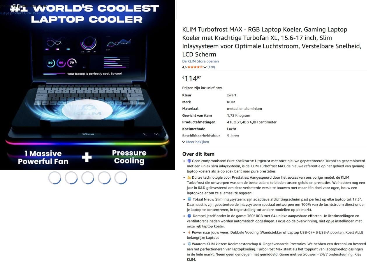Laptop Koeler - KLIM Turbofrost MAX - Nieuw in doos