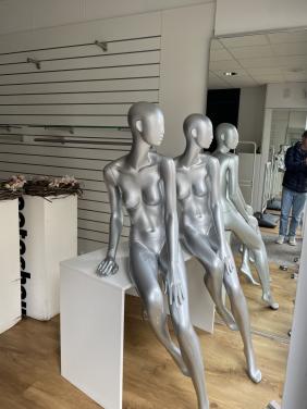 Glansgrijze zittende design paspoppen