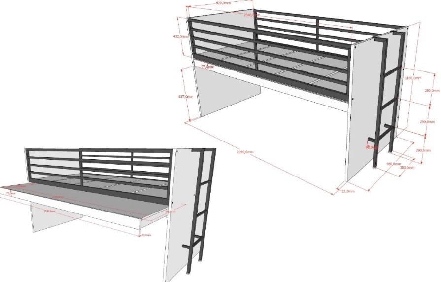 Halfhoogslaper met bureau en bijbehorende kastjes