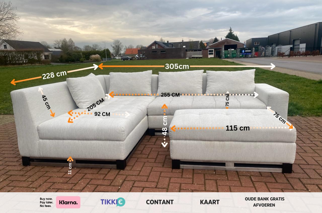 Grijze Stoffen Hoekbank met Hocker-Ruim Lounge Comfort-Gratis Levering