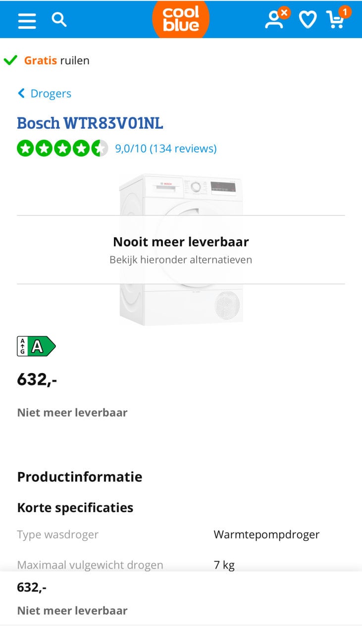 Bosch A++ klasse warmtepomp Droger trommel capaciteit 7 kg. kort gebruikt