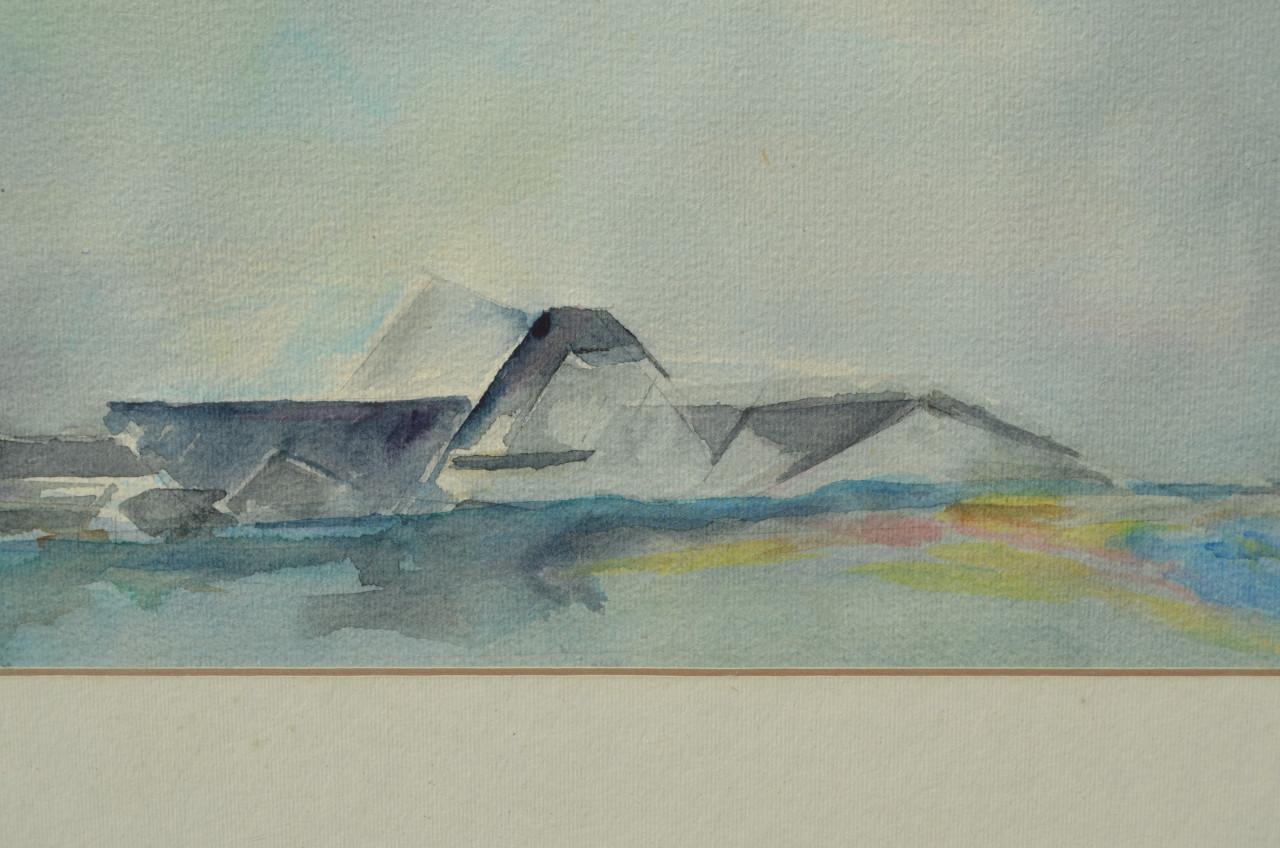 Fraaie aquarel gestileerd landschap/boerderij ipst.