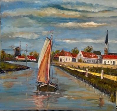 Arnemuiden  kanaal zicht   60 x 60 cm olie verf op  doek