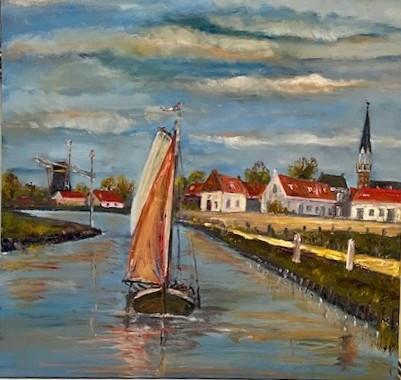 Arnemuiden  kanaal zicht   60 x 60 cm olie verf op  doek