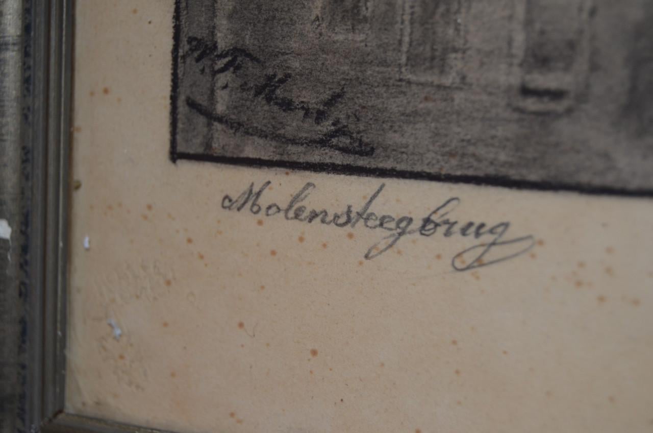 Ets of houtskool Molensteegbrug in Leiden