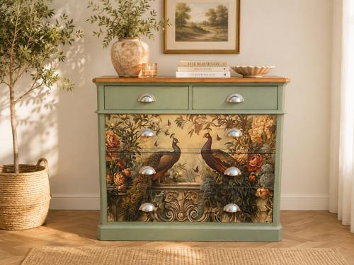 Unieke ladekast met pauwen decoupage