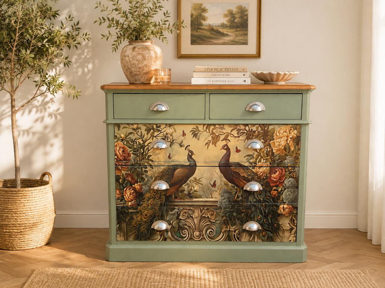 Unieke ladekast met pauwen decoupage