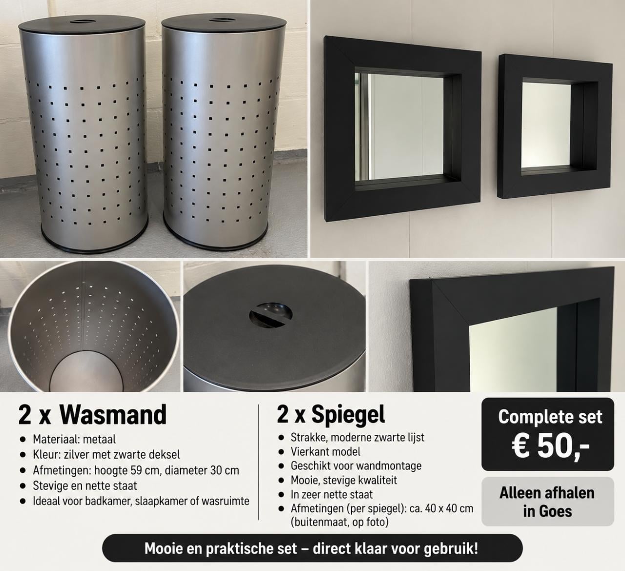 2 wasmanden + 2 zwarte spiegels
