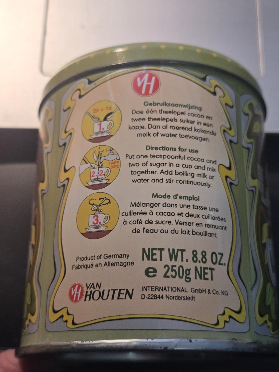 Vintage cacaoblik van het merk Van Houten,  H9.5 Ø 9 cm