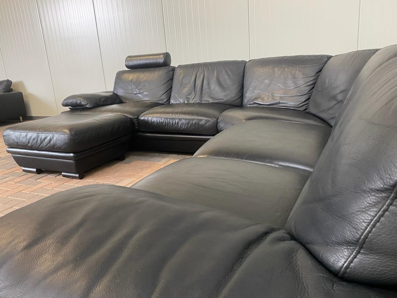 Natuzzi Plaza Hoekbank met Hocker–Echt Zwart Leer–Luxe Lounge Comfort