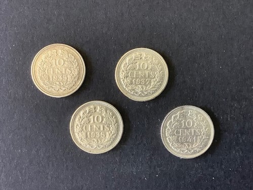 Wilhelmina 10 cent zilver, 4 stuks.