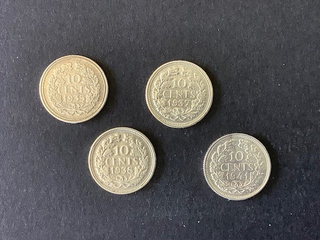 Wilhelmina 10 cent zilver, 4 stuks.
