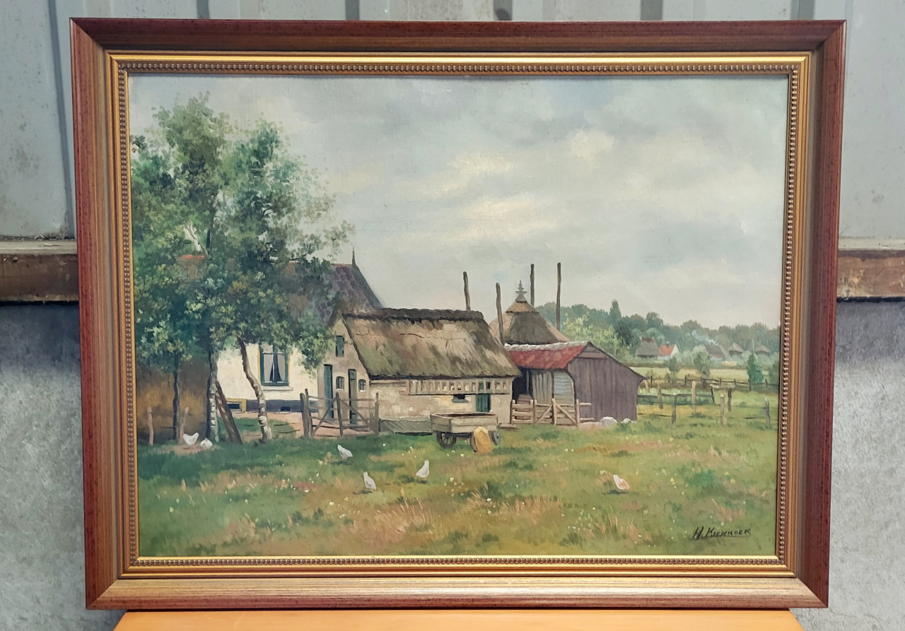Antieke schilderij - Een boerenhoeve door H. Koekoek