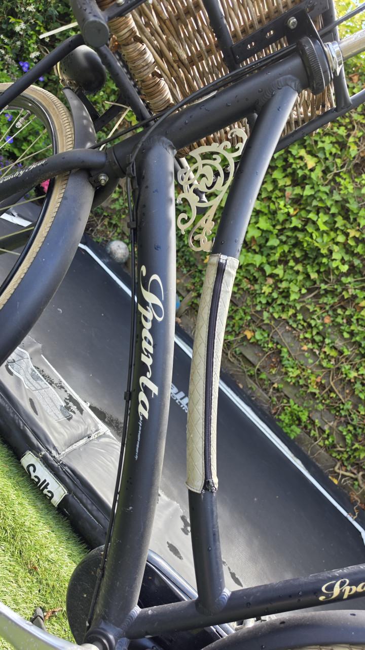Batavus damesfiets met kinderzitje achterop.