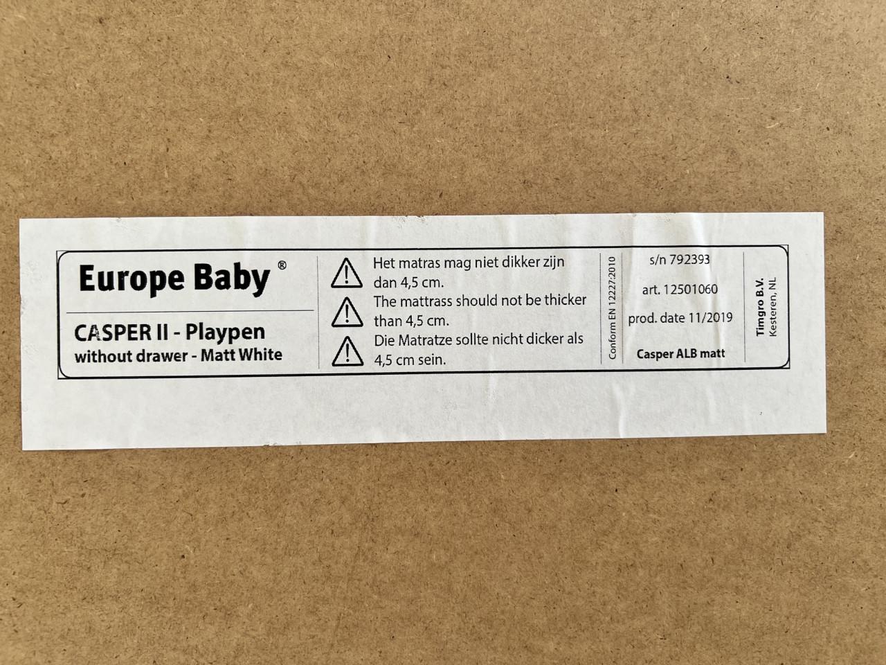 Complete set: Europe Baby Casper II Box (Mat Wit) + Matras + Kleed & Zak