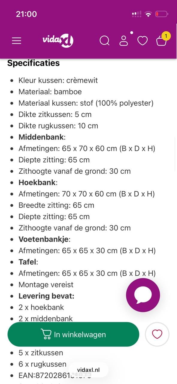 Bamboe tuinset met creme witte kussens te koop