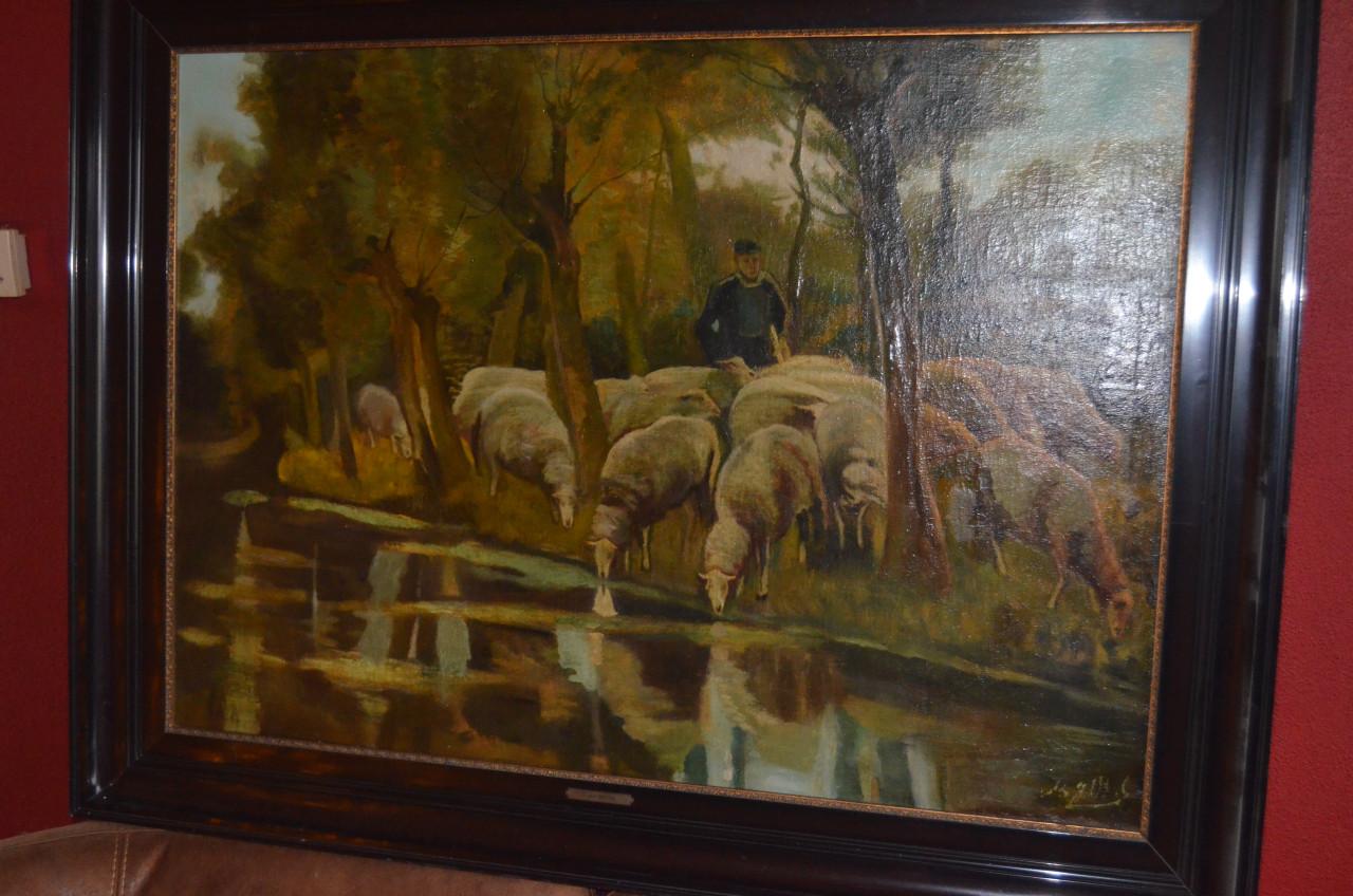 Giga schilderij Maarten Jr. Bos 19e eeuws igst. schaapskudde
