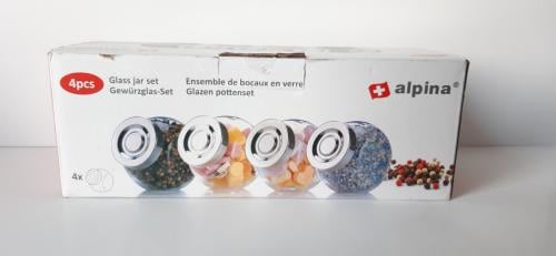 4 Alpina glazen voorraadpotjes met schroefdeksel met vlakke bodem