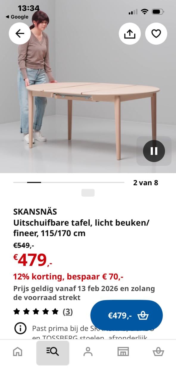 Ikea Uitschuifbare tafel Licht beuken /fineer