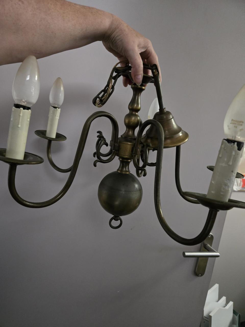 Antieke messing bolkroonluchter 5 arms in Vlaams-Nederlandse stijl, Ø50 cm