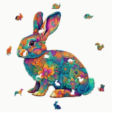 Houten puzzel : konijn ( A3 - nieuw + speciale dieren stukjes )