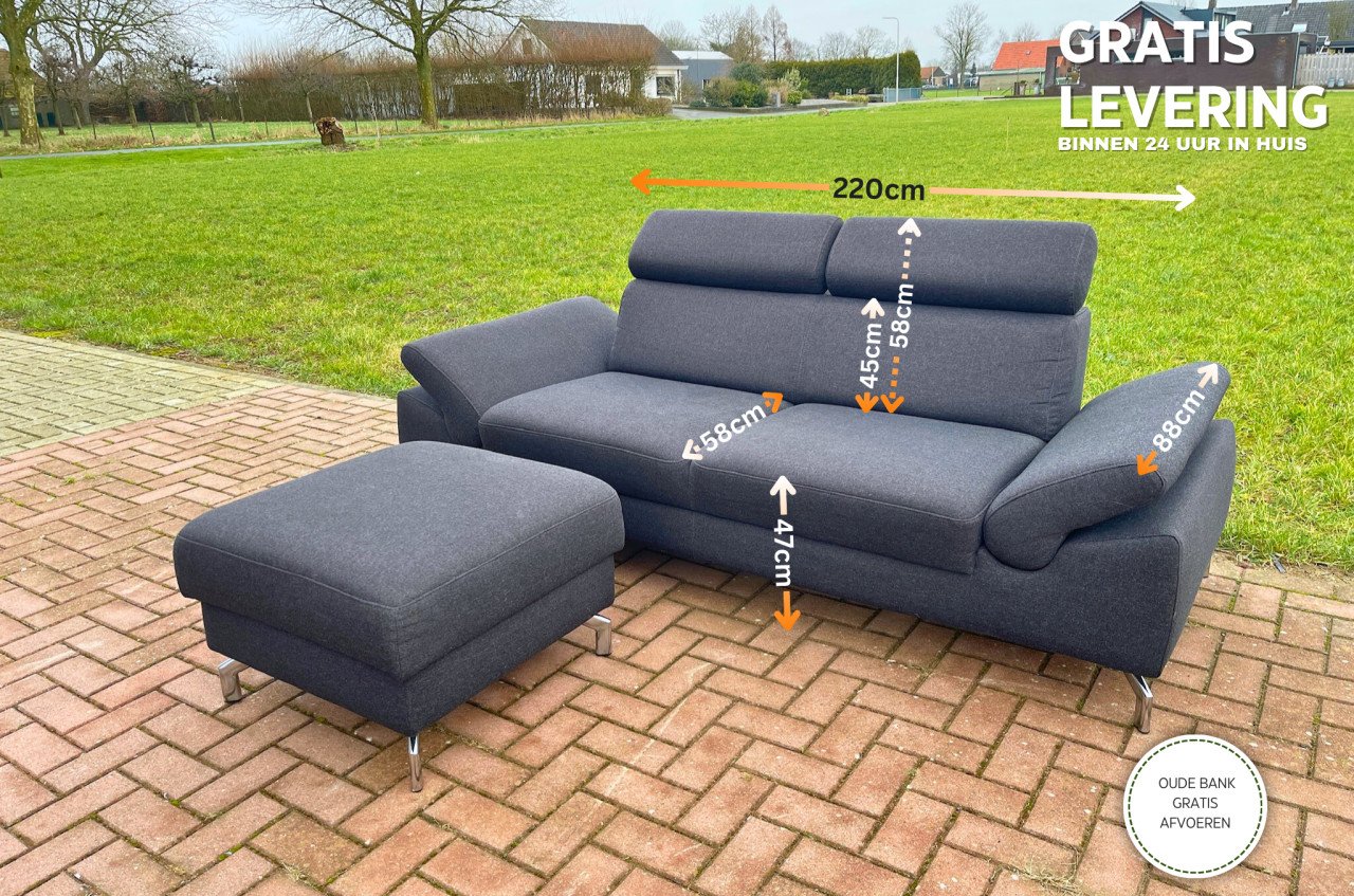 GRATIS LEVERING HEEL NL Montel 3-zits Antraciet Bankstel + Hocker