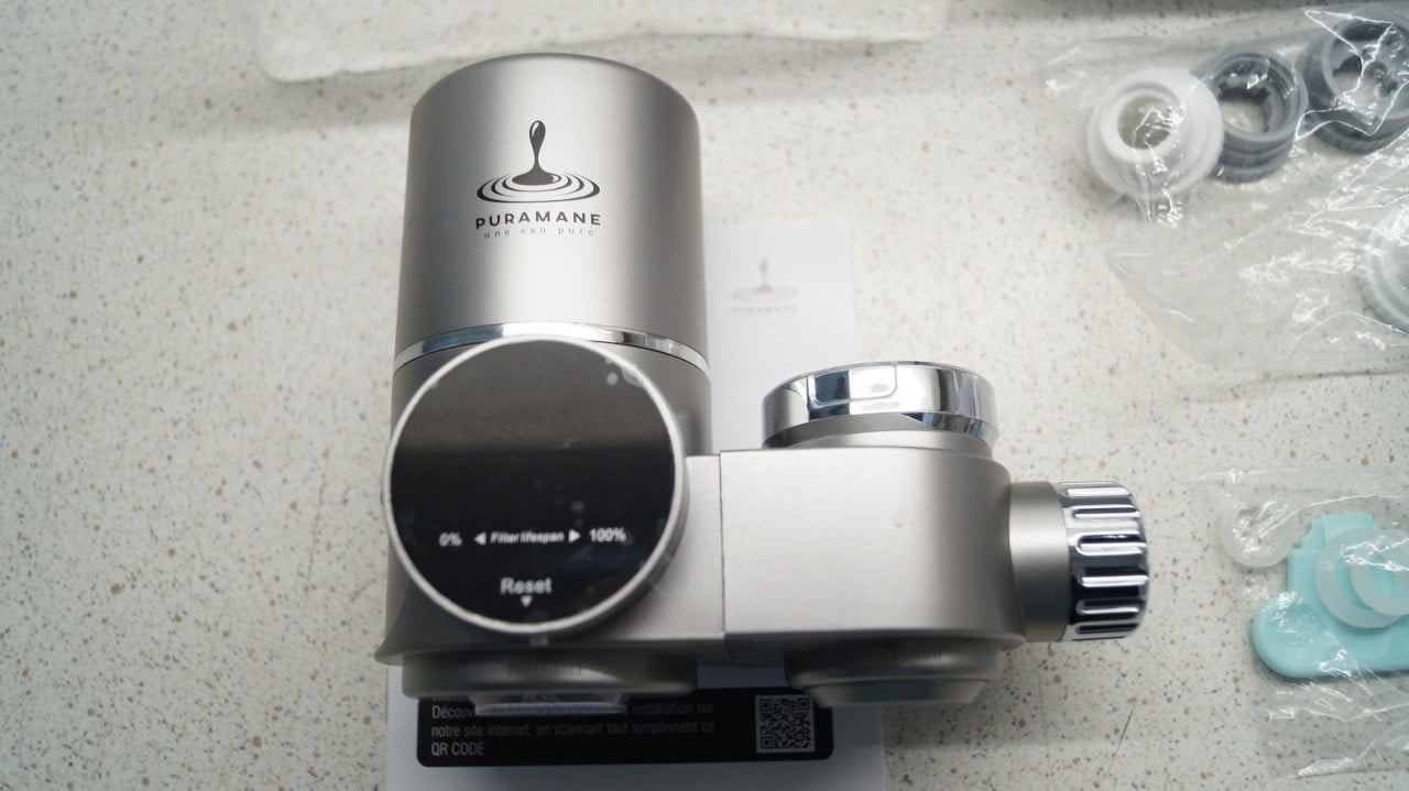 Puramane waterfilter voor op de kraan met 2 extra filters.