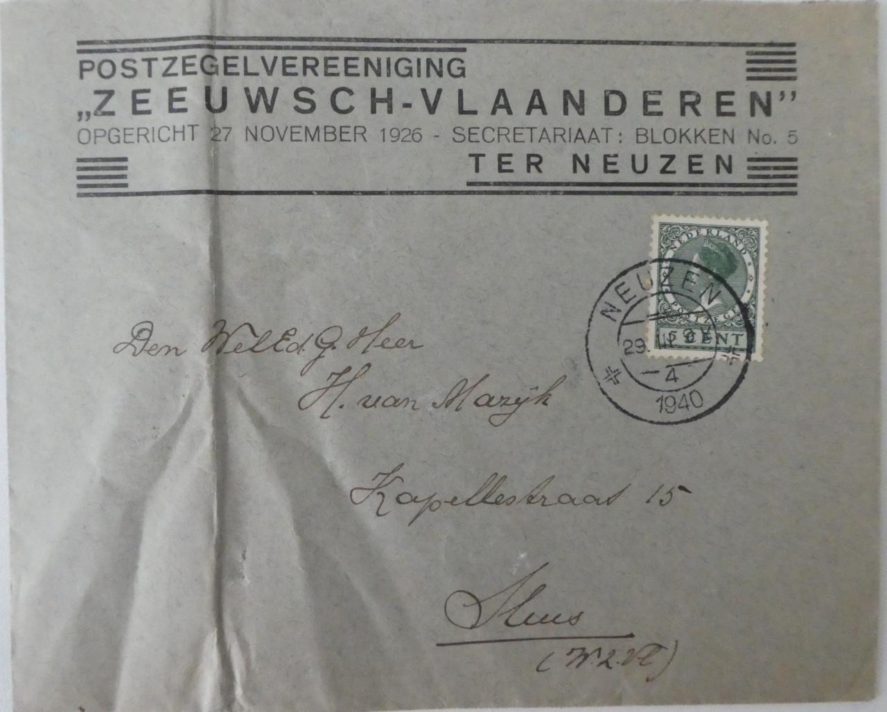 Envelop, 1940, Postzegelvereeniging Zws-Vl, Ter Neuzen