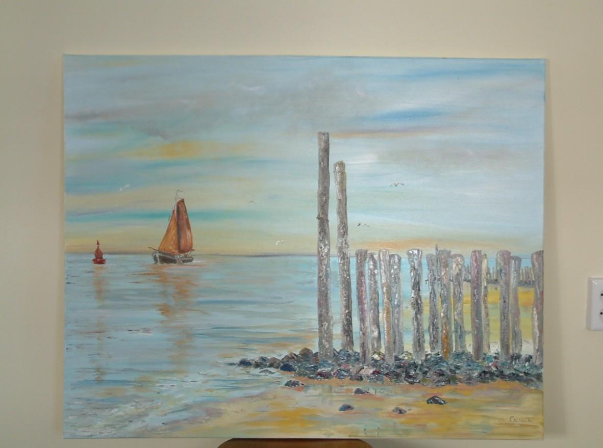 Strand met basalt -zeepokken 100 x 80  schilderijen  Jac Caljouw Arnemuiden