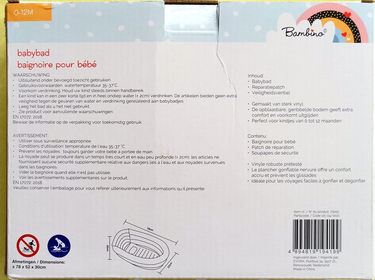 Nieuwe Bambino Opblaasbaar Babybad, kleur: wit
