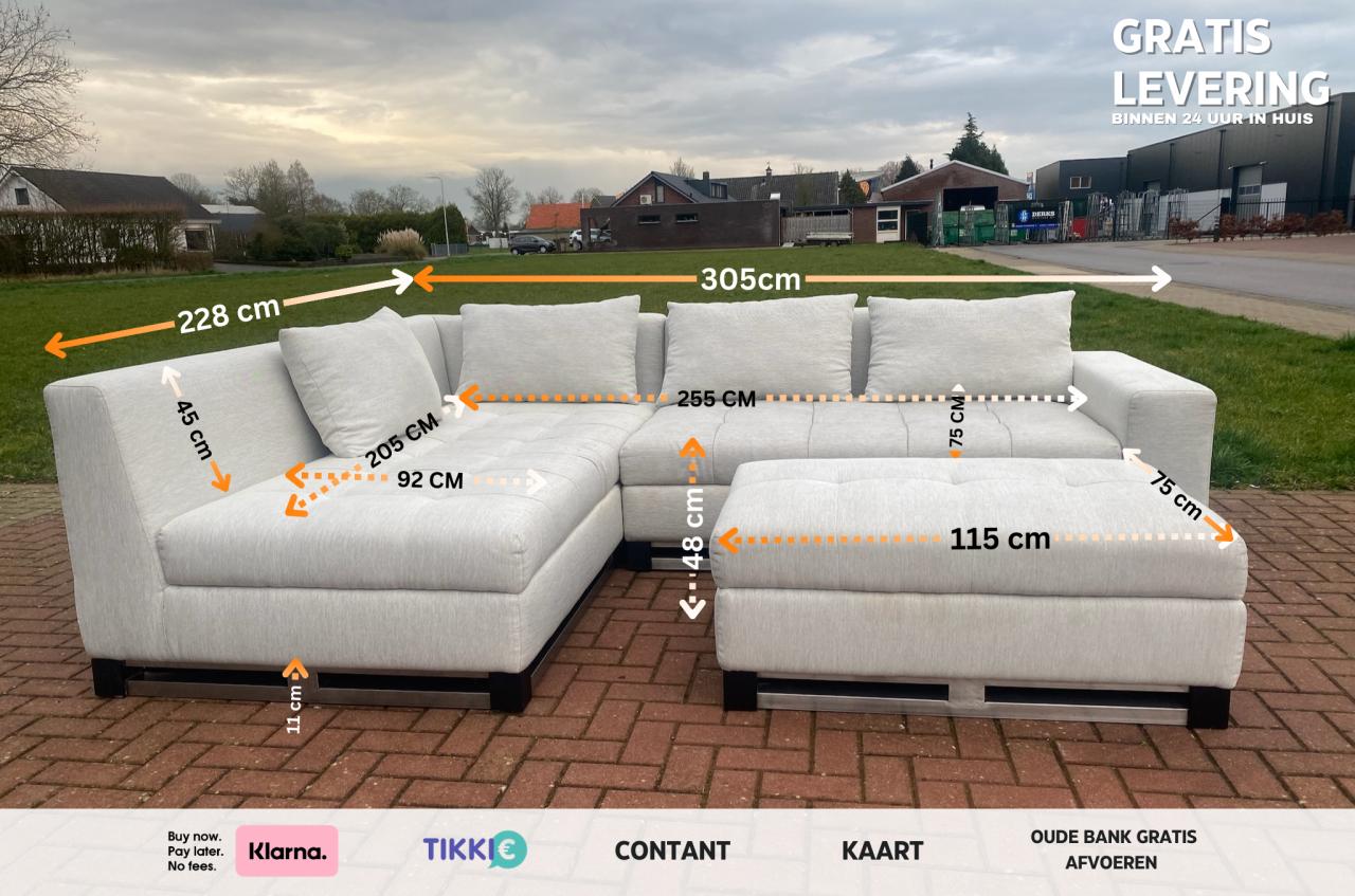 Grijze Stoffen Hoekbank met Hocker-Ruim Loungecomfort - Gratis Levering NL